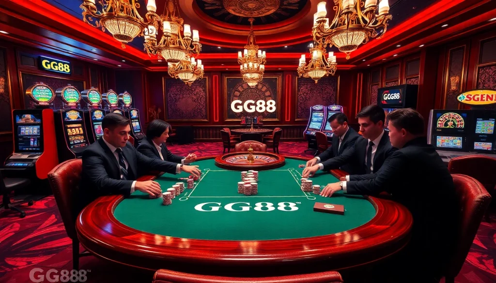 Experience high-stakes gaming at GG88's luxurious casino scene with poker tables and slot machines.