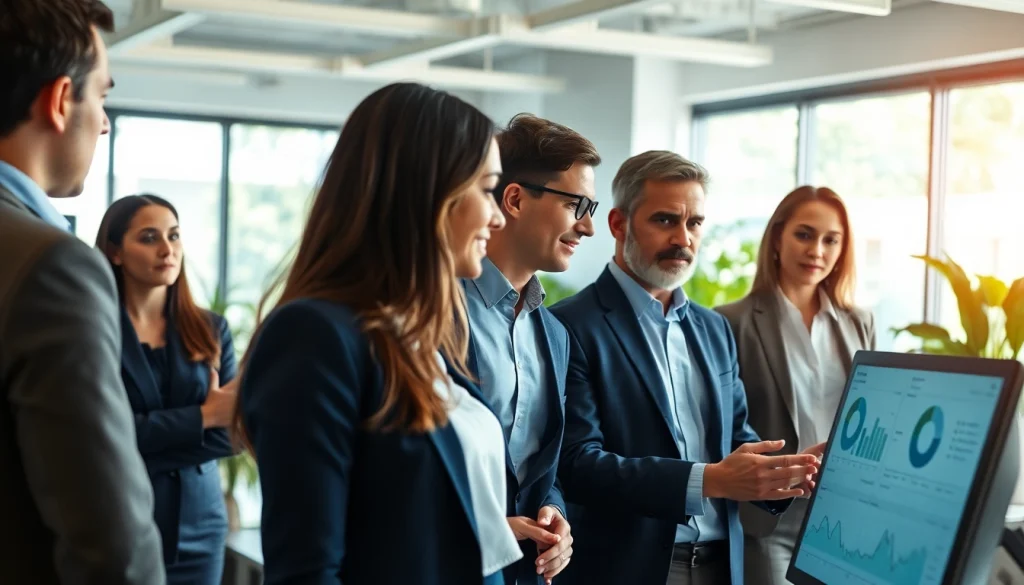 Team discussing business growth insights in a modern office environment.