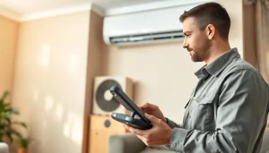 HVAC repair somers ny technician inspecting a heating and cooling system in a cozy living room.