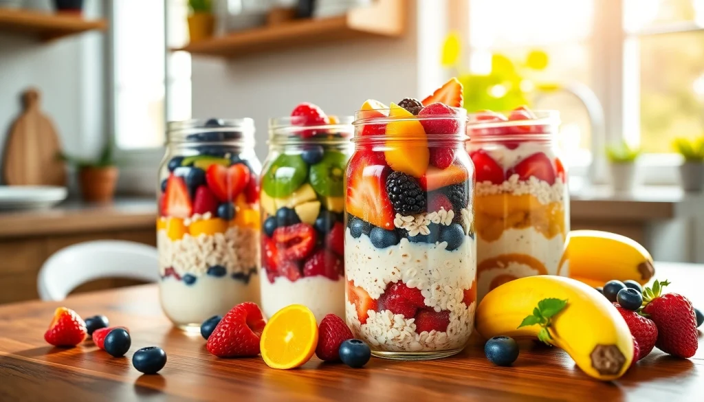 Healthy mason jar breakfast filled with fruits and oats on https://masonjarbreakfast.com, inviting morning setup.