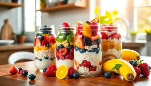Healthy mason jar breakfast filled with fruits and oats on https://masonjarbreakfast.com, inviting morning setup.