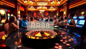 Players celebrating wins at RR88’s luxurious casino venue with roulette and slot machines.