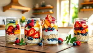 Engaging image of mason jar breakfasts available at https://masonjarbreakfast.com featuring colorful layers of fruits and oats.