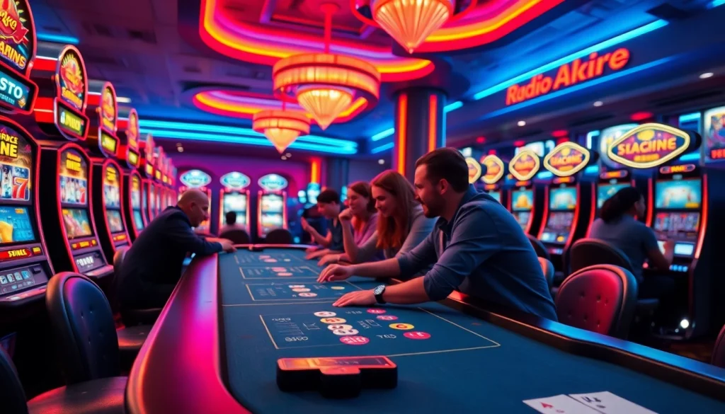 Bermain slot online di meja kasino dengan lampu neon yang cerah.