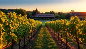 Savor the charm of Winery Sacramento amidst a stunning sunset over lush vineyards.