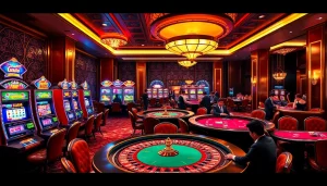 gamblers enjoying high-stakes action at gg88 casino with vibrant tables and colorful slot machines.