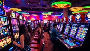 Mengunduh kemenangan dengan slot depo 1k yang menarik dalam suasana kasino yang ramai.