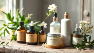 Ekologiska kosmetika: Raminančioji natūralių produktų kompozicija su žaliais augalais.