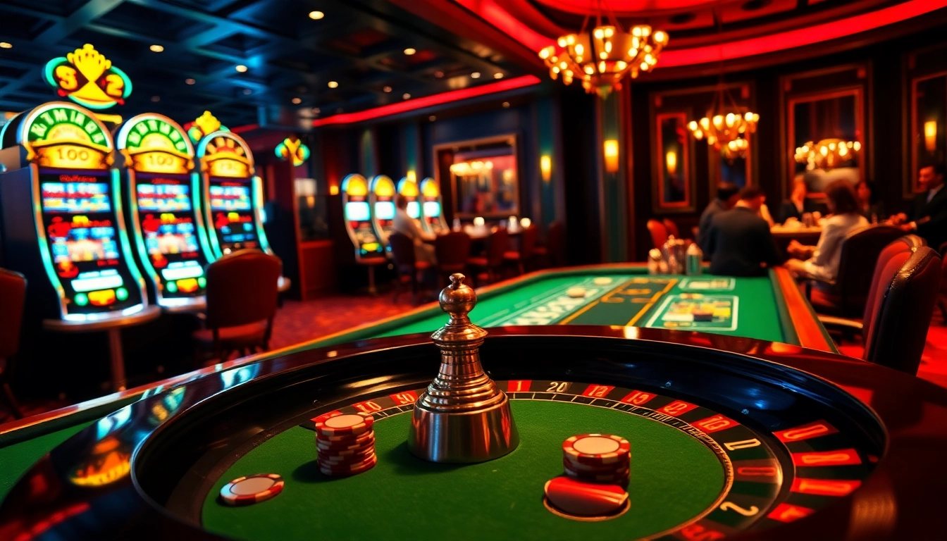 Exciting moment at MM88 casino with roulette and slot machines lighting up the lively atmosphere.