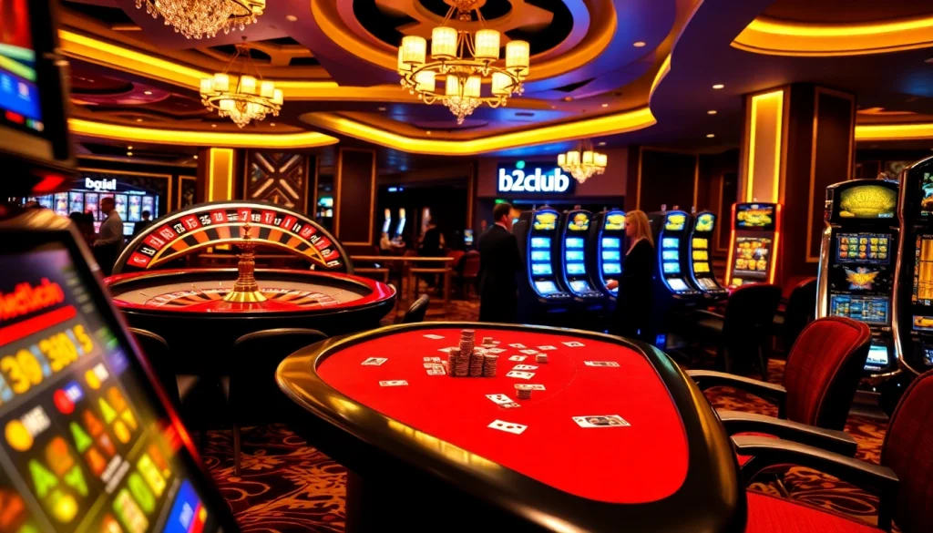 Players strategizing at the b52club poker table, surrounded by colorful chips and a roulette wheel.