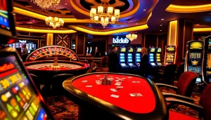 Players strategizing at the b52club poker table, surrounded by colorful chips and a roulette wheel.