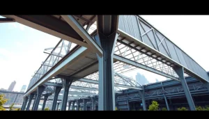 Showcasing steel structure design, a modern building highlights sleek beams and urban landscape.