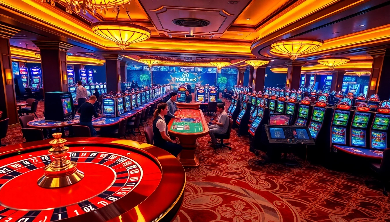 Players enjoying thrilling games at mk8th.net, featuring poker tables and roulette wheels in a luxurious casino setting.