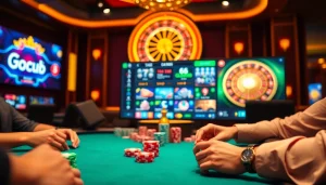 A thrilling go88 online casino scene showcasing a luxurious poker setup surrounded by vibrant gambling elements.