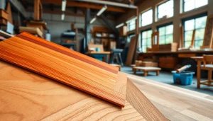 Wood veneer samples displayed in a modern workshop highlighting textures and colors.
