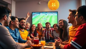 مشجعون متحمسون يشاهدون مباراة كورة لايف لكرة القدم على شاشة كبيرة.