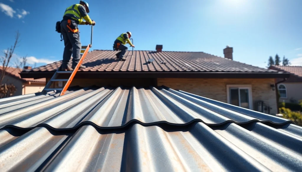 Metal roofing companies installing premium roofing panels on a house.