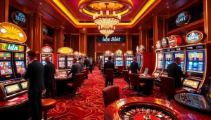 Vibrant gaming scene with players enjoying idn slot machines in a luxurious casino atmosphere.