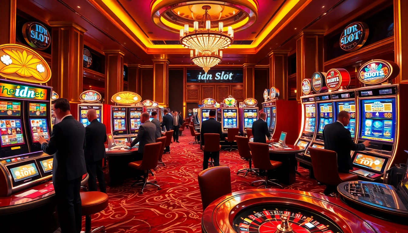 Vibrant gaming scene with players enjoying idn slot machines in a luxurious casino atmosphere.