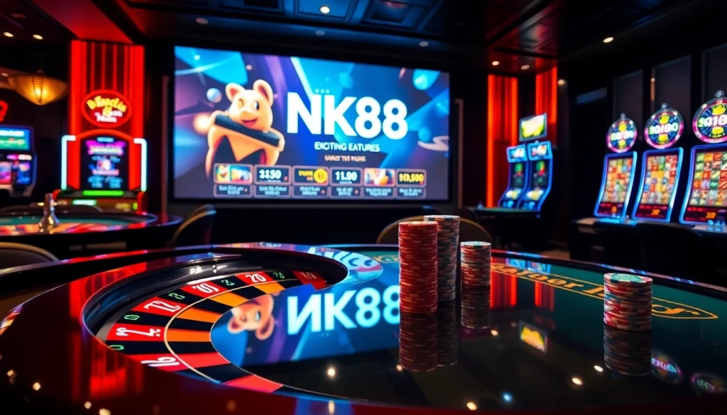 Experience an engaging betting moment with NK88 at a vibrant and elegant casino setting.