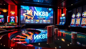 Experience an engaging betting moment with NK88 at a vibrant and elegant casino setting.