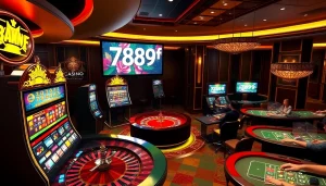 Players enjoying exciting games at 789f online casino, showcasing vibrant slot machines and roulette wheels.