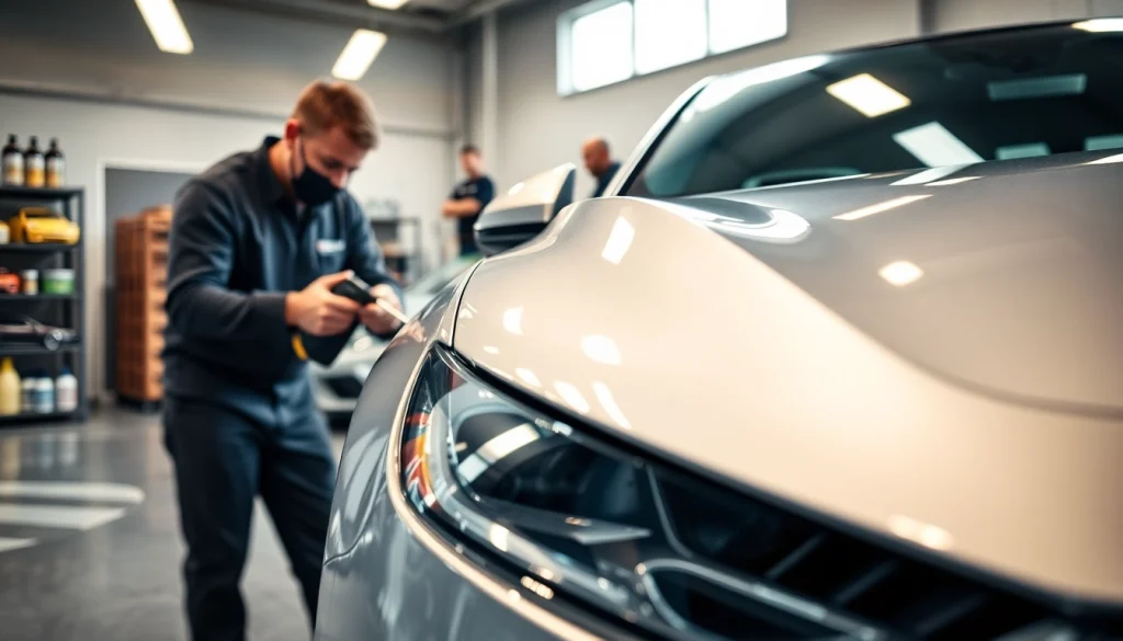 Technician applying PPF Chattanooga to a luxury car in a bright detailing shop.