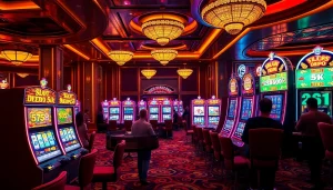 Play slots at a luxurious casino featuring the "slot depo 5k" theme with vibrant neon lights.