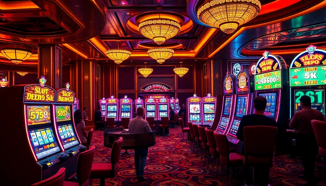 Play slots at a luxurious casino featuring the "slot depo 5k" theme with vibrant neon lights.