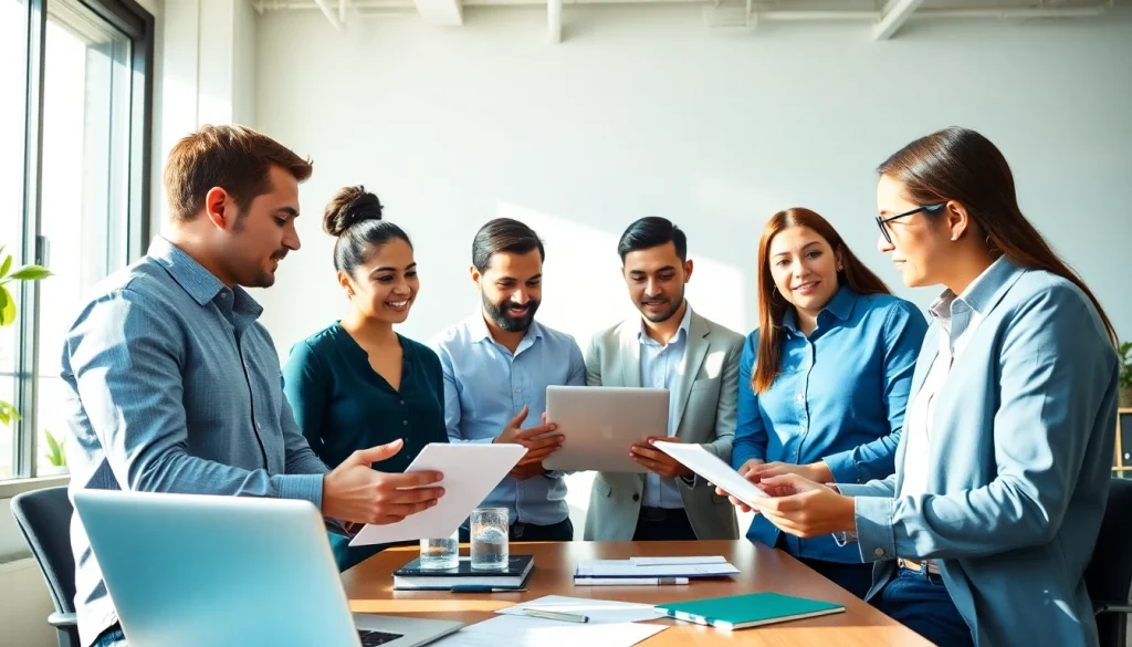 SEO Agentur team discussing strategies and analytics in a bright office.