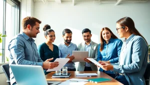 SEO Agentur team discussing strategies and analytics in a bright office.