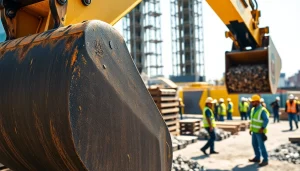 Construction site with heavy excavator at work, illustrating the capacity and advantages to Rent excavators.