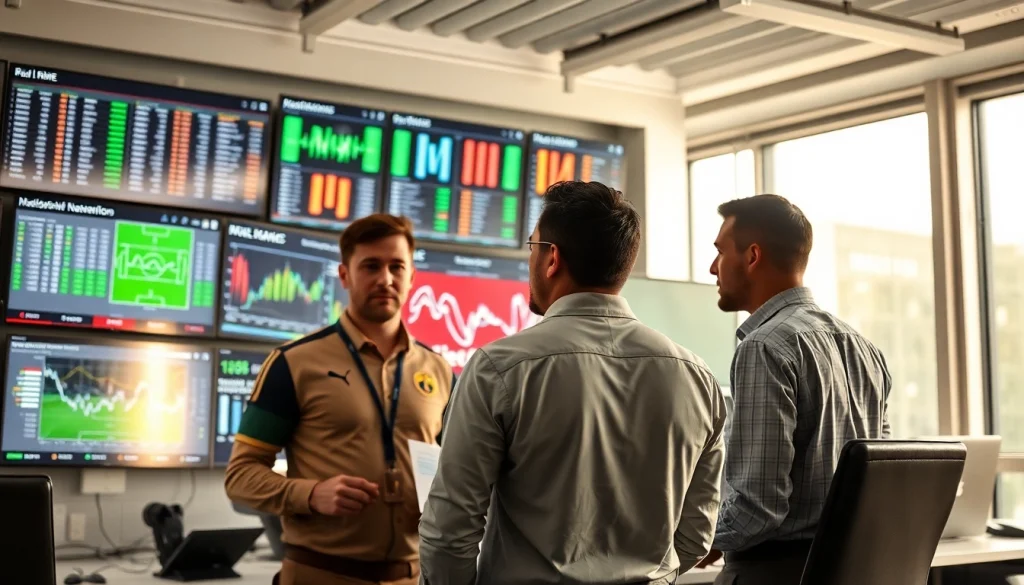 Analyze โปรแกรมบอล วันนี้ live stats with expert football analysts in an energetic office.