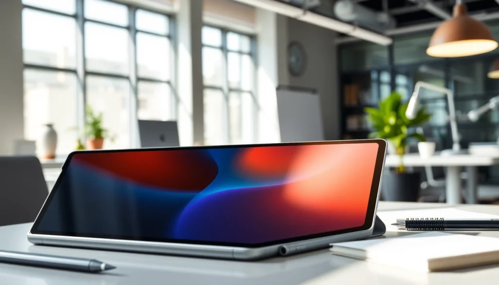 Usando el iPad Pro M4 en un entorno de trabajo moderno y elegante, enfatizando su diseño y funcionalidades únicas.