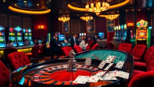 Experience the excitement of gambling at https://febet8.com with vibrant casino visuals showing poker, roulette, and slot machines.