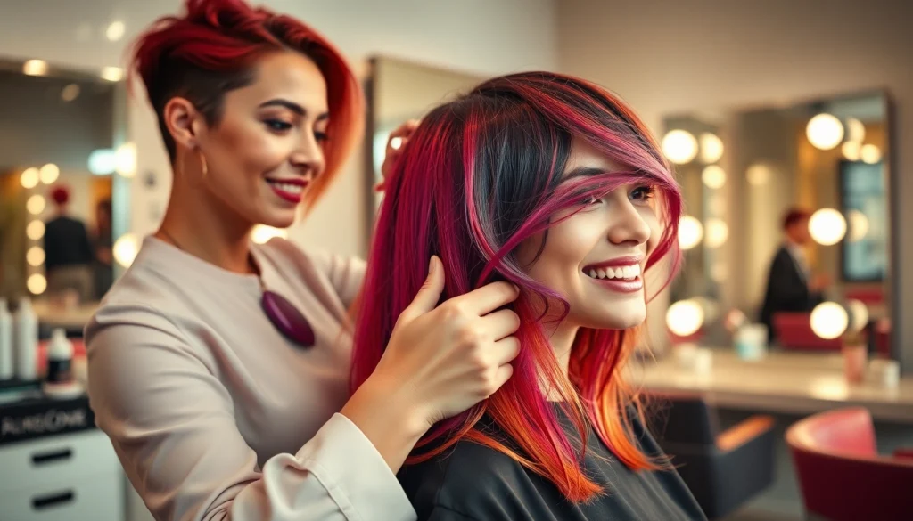 Hairstylist craiova providing a modern haircut in a vibrant salon atmosphere.