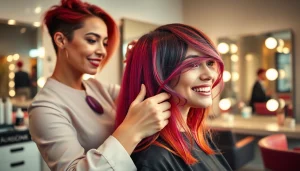 Hairstylist craiova providing a modern haircut in a vibrant salon atmosphere.