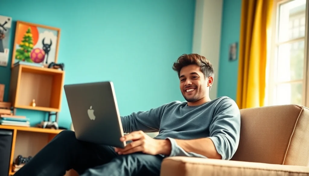 Engaged player enjoying the Jalwa Game on a laptop, colorful interface visible, promoting online gaming excitement.