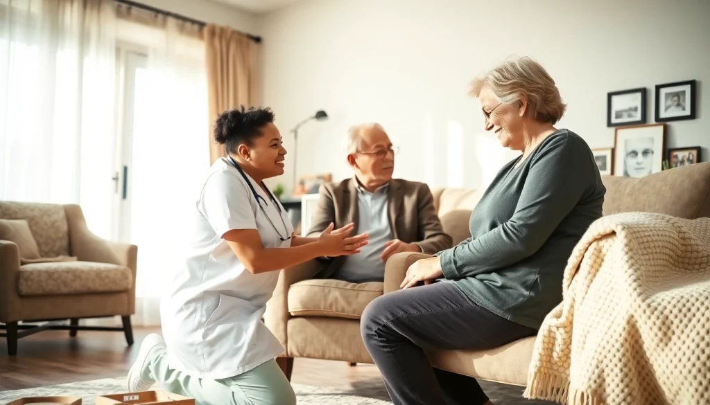 Caregiver delivering in home care austin tx to an elderly client in a cozy living room.