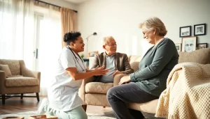 Caregiver delivering in home care austin tx to an elderly client in a cozy living room.