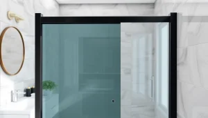 View a black shower sliding door blending with a modern bathroom design, showcasing sleek style.