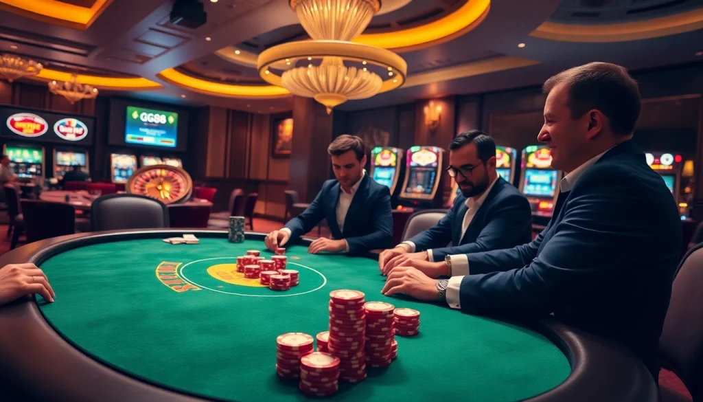 Engaging poker action at a GG88 casino table showcasing excitement and luxury.
