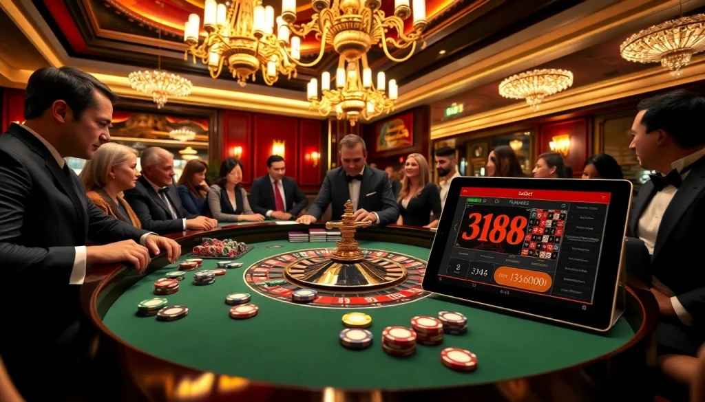 Engaging players strategizing and placing bets at a lively 388bet casino table scene.
