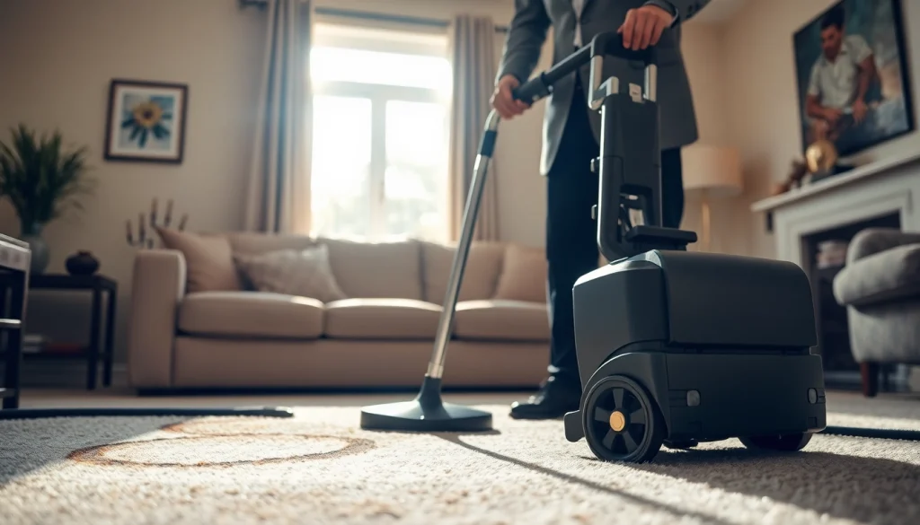 Efficient carpet cleaning lincoln ca by a professional technician in a bright living room.