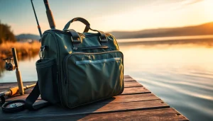 Showcasing a sturdy fly fishing bag with fishing gear on a tranquil lakeside dock.