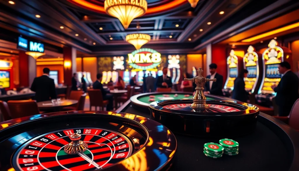 Experience thrilling gaming action at MK8's luxurious casino, featuring roulette wheels and poker chips.