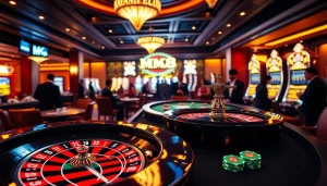 Experience thrilling gaming action at MK8's luxurious casino, featuring roulette wheels and poker chips.