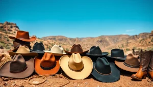Showcase of Cowboy Hats highlighting various styles and textures in a scenic outdoor setting.