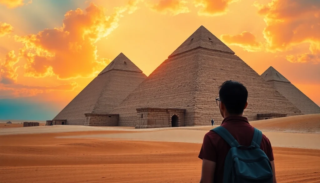 View of piraminds in Egypt set against a stunning sunset, offering a captivating perspective.