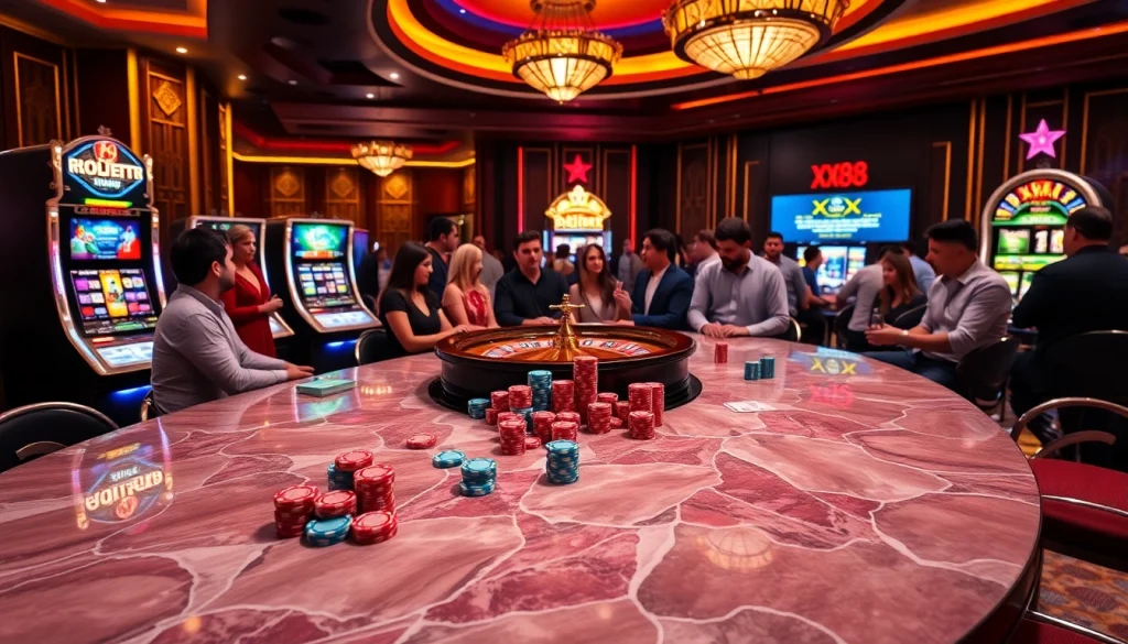 Experience the excitement of XX88 with vibrant casino tables and dynamic players in action.